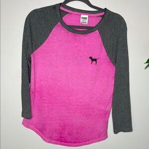 Pink Victorias Secret Pink and Gray Raglan Top with Dog Logo